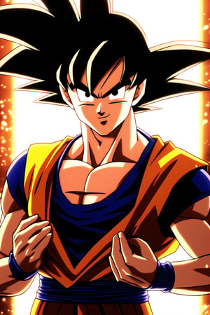 son goku, 1boy, backlighting, black eyes, black hair, blue wristband, closed mouth, dougi, hair strand, hands up, light particles, looking at viewer, male focus, muscular, muscular male, pectorals, smile, solo, spiked hair, upper body, wristband, ((masterpiece)), style dragon ball super, dragon ball super, highly detailed photo, sharp details, realistic, 4K, RAW photo