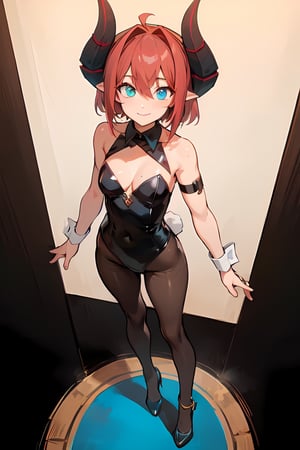 (bunny outfit), black pantyhose, wrist cuff, tiny_breasts, bare shoulders, perfect skin, cleavage, bangs, (on stage), black high heels, in spotlight, (full body), (view from above), (looking at crowd), standing, smile, bare shoulders, beautiful detailed belly, perfect skin, skinny, pointy ears, horns, red hair,hair between eyes, (masterpiece:1.3), (high resolution), (8K), (extremely detailed), (4k), (pixiv), perfect face, nice eyes and face, (best quality), (super detailed), detailed face and eyes, (solo), textured skin,