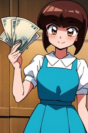 masterpiece, best quality, (anime screenshot), smiling, cute pose, money, holding, holding money, upper body, best quality, RAW photo, subject, 8k uhd, high quality, dark skinned man, TendouNabiki, School_uniform_Blue_pinafore_dress_Puffy_sleeves_white_collared_shirt_Blue_back_bow