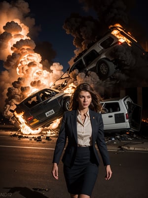 ((masterpiece)), (best quality), (cinematic), (cinematic, colorful), (extremely detailed), a movie action scene with explosions, fire, overturned cars, city scene with a lone woman (face adv102)walking away in business suit with silk shirt and pencil skirt holding a detonator, compelling, dramatic, action-packed, brilliant, aledovec102