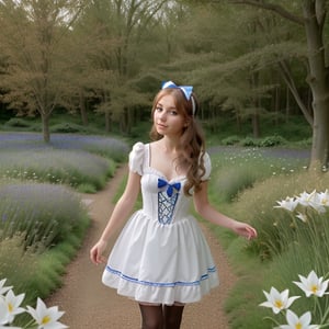 (alice in wonderland: 1.25), baroque, cute, colorful fantastic, outdoors (forest), (depth of field: 1.25), (alone), (1 girl), ((golden hair)), ([messy] long hair), (hairband with bow), blue eyes, bow, maid dress (blue+white), white pantyhose, (dramatic angle: 1.2), looking to side, books, clock, teapot, [plate], coffee cup, floating, lily (flower),(dessert:1.2),flower meadows, (ultra-detailed:1.2),(illustration:1.25), VaneL