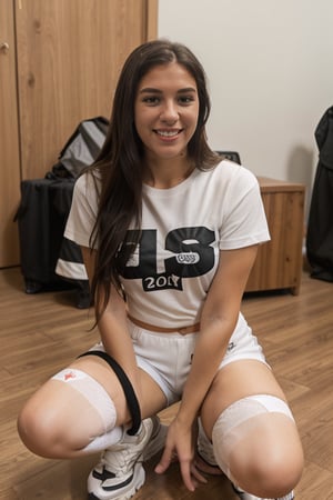 1 girl, alone, long hair, looking at viewer, smile, shirt, black hair, holding, full body, white shirt, male focus, shoes, shorts, socks, indoors, black footwear, knee high stockings, white socks, t- shirt, realistic, red shorts, woods:2, ,FelissaRoseSlC