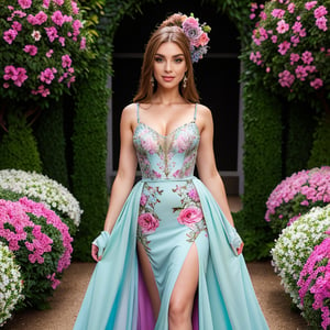 Generate a hyper-realistic image of a woman in a pastel-hued couture evening gown, with intricate floral patterns that match the vibrant flowers around her. Place her in a charming botanical garden, oozing sophistication. ((upper body)),1 girl,Maestrajpg000 