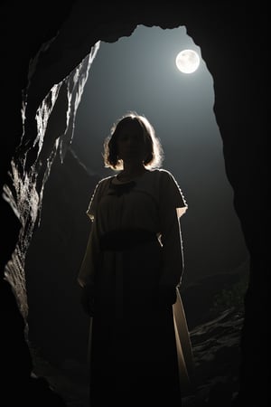 38 year old womanl, In a dark cave, Ancient clothes from the future, Moonlight, abstract colors, texture, film grain, skin pores, dusty atmospheric haze, Vignetting, intricate hasselblad dslr RAW ((You do not belong to this world , You do not find your place)),Margav1-01V1