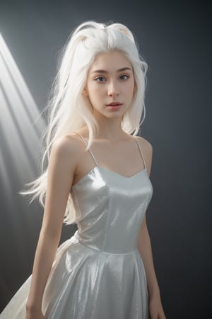 A young woman with sleek, backcombed hair stands confidently against a radiant white backdrop, enveloped by an ethereal glow. A majestic white dragon emerges from the shadows behind her, its shimmering scales reflecting the soft light like moonlit ice. Soft, Lofi lighting illuminates her upper body, showcasing every detail of her enigmatic expression and the mystical creature beside her.