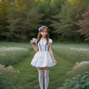(alice in wonderland), baroque, cute, colorful fantastic, outdoors (forest), (depth of field: 1.25), (alone), (1 girl), ((golden hair)), ([messy] long hair), (hairband with bow), blue eyes, bow, maid dress (blue+white), white pantyhose, (dramatic angle: 1.2), looking to side, books, clock, teapot, [plate], coffee cup, floating, lily (flower),(dessert:1.2),flower meadows, (ultra-detailed:1.2),(illustration:1.25), VaneL
