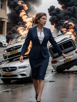 ((masterpiece)), (best quality), (cinematic), (cinematic, colorful), (extremely detailed), a movie action scene with explosions, fire, overturned cars, city scene with a (mature woman) alone (face adv102) walking away in business suit with silk shirt and pencil skirt holding a detonator, convincing, dramatic, action-packed, brilliant, ((aledovec102)))