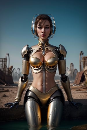 (best quality,8k,ultra-detailed:1.2),a beautiful detailed female robot,submerged waist-deep,in a robotic scrapyard,colorful patterns,realistic fantasy,extremely detailed,enchanting,high resolution,metallic textures,shattered robotic parts,crimson sparks,futuristic atmosphere,mechanical elegance,impressive craftsmanship,graceful pose,faded sunlight,artistic composition,majestic presence,mysterious aura,mind-blowing intricacy,vibrant colors,sculpted perfection,dreamlike ambiance,sublime beauty,mesmerizing details,expertly crafted,golden highlights,dramatic lighting,ethereal glow,otherworldly charm,masterpiece of engineering,architectural marvel,visually stunning,hauntingly captivating,awe-inspiring vision,robotic wonderland,surreal elements,impressive depth of field,layered complexity,impressive attention to detail,majestic ruins,dystopian majesty,meticulous design,unforgettable image,jaw-dropping beauty.