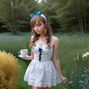 (alice in wonderland), baroque, cute, colorful fantastic, outdoors (forest), (depth of field: 1.25), (alone), (1 girl), ((golden hair)), ([messy] long hair), (hairband with bow), blue eyes, bow, maid dress (blue+white), white pantyhose, (dramatic angle: 1.2), looking to side, books, clock, teapot, [plate], coffee cup, floating, lily (flower),(dessert:1.2),flower meadows, (ultra-detailed:1.2),(illustration:1.25), VaneL
