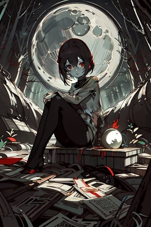 Horror, A model, better lighting, 1_woman, ((torn clothes))sitting, moon phases, yofukashi background, gloomy, forest, ERRyv1