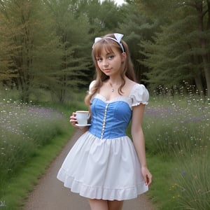 (alice in wonderland: 1.25), baroque, cute, colorful fantastic, outdoors (forest), (depth of field: 1.25), (alone), (1 girl), ((golden hair)), ([messy] long hair), (hairband with bow), blue eyes, bow, maid dress (blue+white), white pantyhose, (dramatic angle: 1.2), looking to side, books, clock, teapot, [plate], coffee cup, floating, lily (flower),(dessert:1.2),flower meadows, (ultra-detailed:1.2),(illustration:1.25), VaneL