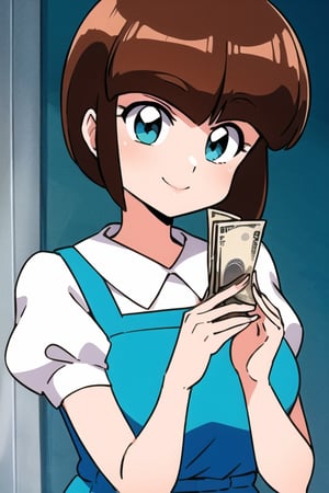 masterpiece, best quality, (anime screenshot), smiling, cute pose, money, holding, holding money, upper body, best quality, RAW photo, subject, 8k uhd, high quality, dark skinned man, TendouNabiki, School_uniform_Blue_pinafore_dress_Puffy_sleeves_white_collared_shirt_Blue_back_bow