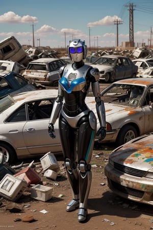 a painting of female robot buried to the waist in a robotic junk yard, colorful patterns, realistic fantasy, extremely detailed and beautiful , 8 k resolution,krsch1-10