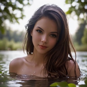 summer camp, wading in shallow pond, (masterpiece, best quality, extremely detailed, perfect face, perfect body:1.2), naked:1.4,, (closeup on upper body:1.3), moonlight,JulieCondra
