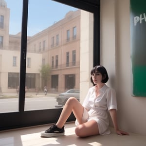 short hair, several girls, brown hair, shirt, black hair, dress, sitting, white shirt, shoes, indoors, 1girl, black shoes, window, blue dress, facial hair, hands together, green shirt,(MagicPerez)