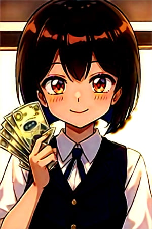 masterpiece, best quality, (anime screenshot), smiling, cute pose, money, vest , holding, holding money, upper body, best quality, RAW photo, subject, 8k uhd, high quality, dark-skinned man,TendouNabiki