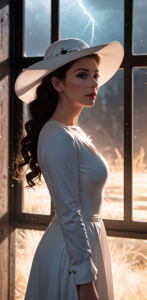 1 girl, cowboy photo by re8dmtrsc, white dress, black sun hat, black flower, night, old dark Victorian mansion, window, thunder, lightning, looking at viewer, particles, volumetric lighting, best quality, masterpiece, details intricate, tone mapping, sharp focus, hyper detailed, Artstation trend, realistic,dtroi