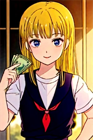 masterpiece, best quality, (anime screenshot), Hibari, model, 1boy, blue eyes, slender, smile, long hair, blonde hair, shirt, serafuku, skirt, school uniform, smiling, cute pose, 1boys, facial hair, money, vest, holding, holding money, white shirt, upper body, jewelry, blurred, beard, formal, light-skinned woman, supermodel, :<, perfect face, skinny, 20 years old, petite, brown pixie cut with bangs, full lips, sexy luxury dress, light-skinned African, olive skin, skin texture, Heliconia eyes, best quality, RAW photo , subject, 8k uhd, high quality, dark-skinned man,