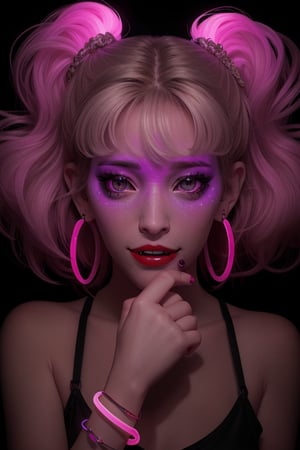Her cropped hair and earrings glow brightly under a black light on a dark street. fangs and luminous bracelets. Extreme psychedelic visual hallucinations with LSD, deserted streets, LuiLopv2