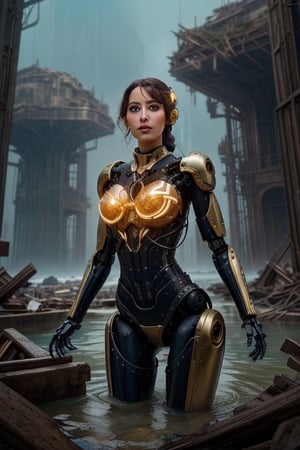 (best quality,8k,ultra-detailed:1.2),a beautiful detailed female robot,submerged waist-deep,in a robotic scrapyard,colorful patterns,realistic fantasy,extremely detailed,enchanting,high resolution,metallic textures,shattered robotic parts,crimson sparks,futuristic atmosphere,mechanical elegance,impressive craftsmanship,graceful pose,faded sunlight,artistic composition,majestic presence,mysterious aura,mind-blowing intricacy,vibrant colors,sculpted perfection,dreamlike ambiance,sublime beauty,mesmerizing details,expertly crafted,golden highlights,dramatic lighting,ethereal glow,otherworldly charm,masterpiece of engineering,architectural marvel,visually stunning,hauntingly captivating,awe-inspiring vision,robotic wonderland,surreal elements,impressive depth of field,layered complexity,impressive attention to detail,majestic ruins,dystopian majesty,meticulous design,unforgettable image,jaw-dropping beauty.,krsch1-10