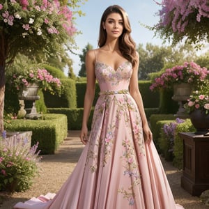 Generate a hyper-realistic image of a woman in a pastel-hued couture evening gown, with intricate floral patterns that match the vibrant flowers around her. Place her in a charming botanical garden, oozing sophistication. ((upper body)),1 girl,mrspelliipalerbos