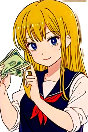 masterpiece, best quality, (anime screenshot), Hibari, model, 1boy, blue eyes, slender, smile, long hair, blonde hair, shirt, serafuku, skirt, school uniform, smiling, cute pose, money, vest , holding, holding money, upper body, best quality, RAW photo, subject, 8k uhd, high quality, dark-skinned man,