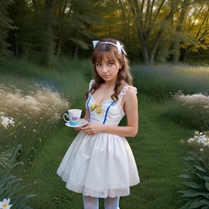 (alice in wonderland: 1.25), baroque, cute, colorful fantastic, outdoors (forest), (depth of field: 1.25), (alone), (1 girl), ((golden hair)), ([messy] long hair), (hairband with bow), blue eyes, bow, maid dress (blue+white), white pantyhose, (dramatic angle: 1.2), looking to side, books, clock, teapot, [plate], coffee cup, floating, lily (flower),(dessert:1.2),flower meadows, (ultra-detailed:1.2),(illustration:1.25), VaneL