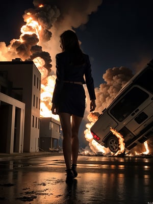 ((masterpiece)), (best quality), (cinematic), (cinematic, colorful), (extremely detailed), a movie action scene with explosions, fire, overturned cars, city scene with a lone woman (face adv102)walking away in business suit with silk shirt and pencil skirt holding a detonator, compelling, dramatic, action-packed, brilliant, aledovec102