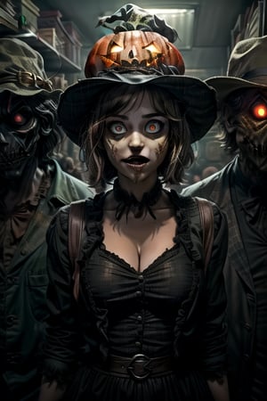 (masterpiece, premium quality, best quality, beautiful and aesthetic), extremely detailed, hyper-realistic, (Cinmatic:0.7), (Dark and intense:1.2), wide shot, detailed face, "A ((woman with pumpkin head, scarecrow body, cap, standing inside the office)), glowing eyes and sharp teeth, foggy, haunting, Halloween style, The (office) was transformed into a haunted maze, with pumpkin-headed monsters of all shapes and sizes lurking around every corner, their sharp teeth and glowing eyes sending shivers down your spine. ,((More details)),AS1-10V1,krsch1-10