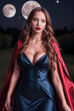 1girl, solo, long hair, formal dress, large breasts, red eyes,  red hair, earrings, cape, moon, lipstick, full moon, dog, center opening, wolf,LuiLopv14