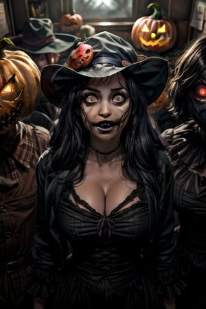 (masterpiece, premium quality, best quality, beautiful and aesthetic), extremely detailed, hyper-realistic, (Cinmatic:0.7), (Dark and intense:1.2), wide shot, detailed face, "A ((woman with pumpkin head, scarecrow body, cap, standing inside the office)), glowing eyes and sharp teeth, foggy, haunting, Halloween style, The (office) was transformed into a haunted maze, with pumpkin-headed monsters of all shapes and sizes lurking around every corner, their sharp teeth and glowing eyes sending shivers down your spine. ,((More details)),AS1-10V1,krsch1-10