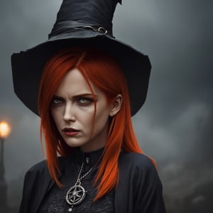 Epicrealism, a beautiful witch with a pointed hat, half turn, gothic fashion, symbol details, extremely detailed image, occult symbology, abstract atmosphere, surreal to the max, 4k definition, illustration, highly detailed, desolation, depressive weather, gloomy, very low light, underworld with ancient details, brilliant cinematic image, impressively intricate, meticulously detailed, dramatic atmospheric, maximalist digital matte painting, darkness, gloomy atmosphere, Hansruedi Giger llllolo art, Hansruedi Giger llllolo art, horror atmosphere, bloody art, unpleasant ,((1 red-haired woman)),realistic,vivianac