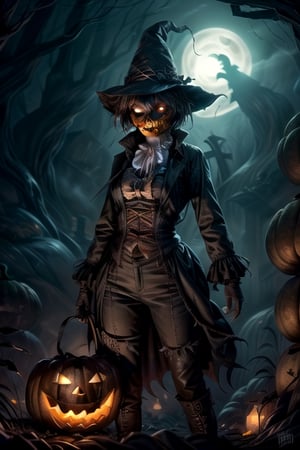 (masterpiece, premium quality, best quality, beautiful and aesthetic), extremely detailed, hyper-realistic, (Cinmatic:0.1), (Dark and intense:1.0), wide shot, detailed face, "A ((pumpkin-headed woman, scarecrow body, cap, standing inside a cave), glowing eyes and sharp teeth, foggy, haunting, Halloween style, The (cemetery) was transformed into a haunted maze, with pumpkin-headed monsters of all shapes and sizes lurking around every corner, their sharp teeth and bright eyes sending shivers down your spine.,((More details))