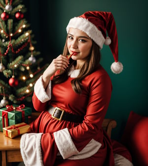((masterpiece, realistic photo)), Dutch angle, Santa with wizard hat, a bright blood red wizard hat, colorful, magical, magical, beautiful, Christmas woman is ready to cast a great spell for Christmas, festive, warm feeling, joyful, ,Margav1-01V1