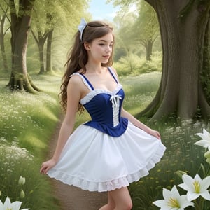 (alice in wonderland), baroque, cute, colorful fantastic, outdoors (forest), (depth of field: 1.25), (alone), (1 girl), ((golden hair)), ([messy] long hair), (hairband with bow), blue eyes, bow, maid dress (blue+white), white pantyhose, (dramatic angle: 1.2), looking to side, books, clock, teapot, [plate], coffee cup, floating, lily (flower),(dessert:1.2),flower meadows, (ultra-detailed:1.2),(illustration:1.25), ,AndreRin00