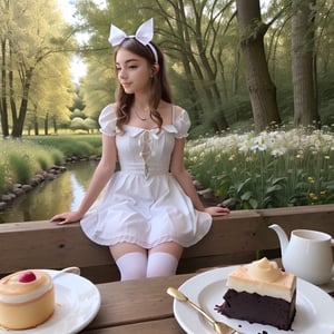 (alice in wonderland), baroque, cute, colorful fantastic, outdoors (forest), (depth of field: 1.25), (alone), (1 girl), ((golden hair)), ([messy] long hair), (hairband with bow), blue eyes, bow, maid dress (blue+white), white pantyhose, (dramatic angle: 1.2), looking to side, books, clock, teapot, [plate], coffee cup, floating, lily (flower),(dessert:1.2),flower meadows, (ultra-detailed:1.2),(illustration:1.25) ,MagicPerez