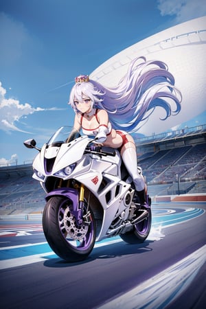 1girl, Princess King Boo, motion shot, (leaning farwards racing pose), (wind blowing back), (hair blowing in wind), (white and red racing sports bra), yellow skirt, (speed streaks), (riding bike away from camera), nice round butt, racetrack, (white and purple motorbike), (white and purple sport bike), (white and purple hair), cute features, braids on boths sides, flat chested, white_hair, long hair, full body, futiristic, alone, evening, yhmotorbike,yhmotorbike,mecha,latex bikesuit,no_humans,scenery