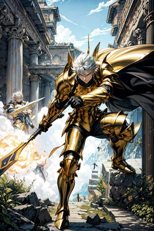 absurdres, highres, ultra detailed,Insane detail in face, ((boy:1.3)), Gold Saint, Saint Seiya Style, Gold Armor, Full body armor, no helmet, Zodiac Knights, Grey hair, fighting pose,Pokemon Gotcha Style, gold gloves, long hair, white long cape, messy_hair, Gold eyes, black pants under armor, full body armor, beautiful old greek temple in the background, beautiful fields, insane detail full leg armor, god aura, sagittarius armor, Elysium fields, ready for battle,FUJI,midjourney, insane detail in armor, ,Film(/FUJI/), (army, crowd of soldiers) swords