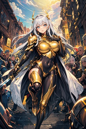 absurdres, highres, ultra detailed,Insane detail in face, ((girl:1.3)), Gold Saint, Saint Seiya Style, Gold Armor, Full body armor, no helmet, Zodiac Knights, Grey hair, fighting pose, Pokemon Gotcha Style, gold gloves, long hair, white long cape, messy_hair, Gold eyes, black pants under armor, full body armor, beautiful old greek temple in the background, beautiful fields, insane detail full leg armor, god aura, sagittarius armor, Elysium fields, ready for battle,FUJI,midjourney, insane detail in armor, ,Film(/FUJI/), (army, crowd of soldiers) swords