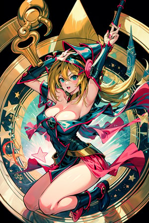 dark magician girl, masterpiece, best quality, 1girl, blonde hair, blue footwear, blue headwear, masterpiece, best quality, bouncing boobs, misaligned boobs, big milkers, motion blur, jumping, arms up, happy, huge boobs, breasts, duel monster, hat, hexagram, large breasts, long hair, looking at viewer, nail polish, open mouth, pentacle, pentagram, solo, staff, wand, wizard hat, yu-gi-oh!, girl coming out of a magic magician hat,hmdmg1, blush, command spell, magic, magic circle,blush stickers, cleavage, bare shoulders,murata yuusuke,dress, off shoulder