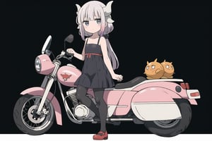 solo,masterpiece, looking at viewer, sugimori ken \(style\) (full body), best quality, 1girl,motorcycle, Motor ,riding,driving,bangs, bare_shoulders, black_legwear, closed_mouth, collarbone, dress,grey_eyes, hair_ornament, long_hair, looking_at_viewer, pantyhose, silver_hair,  Loli, Kanna, dragon horns, dragon horns, ball tipped tail,Kanna Kamui 