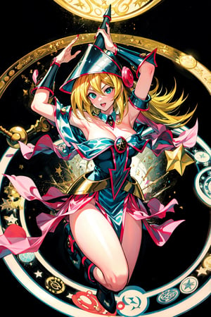dark magician girl, masterpiece, best quality, 1girl, blonde hair, blue footwear, blue headwear, masterpiece, best quality, bouncing boobs, misaligned boobs, big milkers, motion blur, jumping, arms up, happy, huge boobs, breasts, duel monster, hat, hexagram, large breasts, long hair, looking at viewer, nail polish, open mouth, pentacle, pentagram, solo, staff, wand, wizard hat, yu-gi-oh!, girl coming out of a magic magician hat,hmdmg1, blush, command spell, magic, magic circle,blush stickers, cleavage, bare shoulders,murata yuusuke,dress
