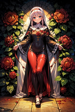 masterpiece, {{illustration}} 1 girl, full body, serene face, calm, black nun's dress, headband of red roses, poisonous roses, praying, inherited by thorny brambles, in front of rose bushes with red roses, scarlet dragon in the background in the middle of a forest. (sweaty:1.1),,