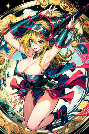 dark magician girl, masterpiece, best quality, 1girl, blonde hair, blue footwear, blue headwear, masterpiece, best quality, bouncing boobs, misaligned boobs, big milkers, motion blur, jumping, arms up, happy, huge boobs, breasts, duel monster, hat, hexagram, large breasts, long hair, looking at viewer, nail polish, open mouth, pentacle, pentagram, solo, staff, wand, wizard hat, yu-gi-oh!, girl coming out of a magic magician hat,hmdmg1, blush, command spell, magic, magic circle,blush stickers, cleavage, bare shoulders,murata yuusuke,dress