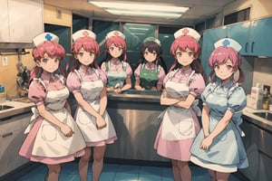 sugimori ken \(style\), masterpiece, group picture, multiple girls, 6girls, ,big breasts, looking at viewer ,shiny skin, {big milkers} , crazed smiles, cleavage, (beautiful face:1.1), (masterpiece, high quality:1.2), porcelain skin, family, Pink hair, pink dress with white apron, mature female, Multiple Girls Group, andava, group, milf, hospital reception background, Multiple Girls Group, nurse joy