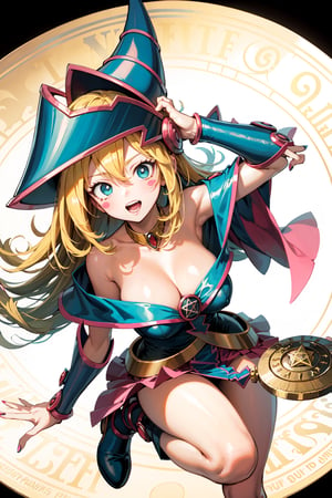 dark magician girl, masterpiece, best quality, 1girl, blonde hair, blue footwear, blue headwear, masterpiece, best quality, bouncing boobs, misaligned boobs, big milkers, motion blur, jumping, arms up, happy, huge boobs, breasts, duel monster, hat, hexagram, large breasts, long hair, looking at viewer, nail polish, open mouth, pentacle, pentagram, solo, staff, wand, wizard hat, yu-gi-oh!, girl coming out of a magic magician hat,hmdmg1, blush, command spell, magic, magic circle,blush stickers, cleavage, bare shoulders