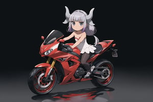solo,masterpiece, looking at viewer, sugimori ken \(style\) (full body), best quality, 1girl,motorcycle, Motor ,riding,driving,bangs, bare_shoulders, black_legwear, closed_mouth, collarbone, dress,grey_eyes, hair_ornament, long_hair, looking_at_viewer, pantyhose, silver_hair,  Loli, Kanna, dragon horns, dragon horns, ball tipped tail