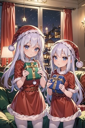 (Masterpiece, top quality, super detailed, 8k, exquisite details), (2 girls), living room, beautiful eyes, smiling face, holding a gift box, Christmas, winter, Christmas decorations, wallpaper, dramatic lighting, night, girls, Santa costume, short dress,Christmas,Kanna Kamui, smile, background full of toys, stuffed animals
