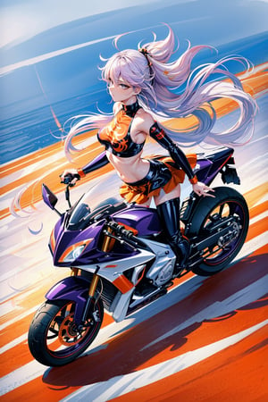 1girl, Junko (Touhou), motion shot, (leaning farwards racing pose), (wind blowing back), (hair blowing in wind), (white and red racing sports bra), yellow skirt, (speed streaks), (riding bike away from camera), nice round butt, racetrack, (white and orange motorbike), (white and orange sport bike), (white and purple hair), cute features, braids on boths sides, flat chested, long hair, full body, futiristic, alone, yhmotorbike,yhmotorbike,mecha,latex bikesuit,no_humans,junko \(touhou\)