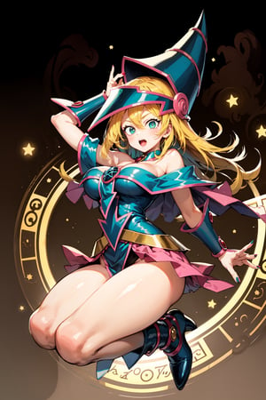 dark magician girl, masterpiece, best quality, 1girl, blonde hair, blue footwear, blue headwear, masterpiece, best quality, bouncing boobs, misaligned boobs, big milkers, motion blur, jumping, arms up, happy, huge boobs, breasts, duel monster, hat, hexagram, large breasts, long hair, looking at viewer, nail polish, open mouth, pentacle, pentagram, solo, staff, wand, wizard hat, yu-gi-oh!, girl coming out of a magic magician hat,hmdmg1, blush, command spell, magic, magic circle,blush stickers, cleavage, bare shoulders